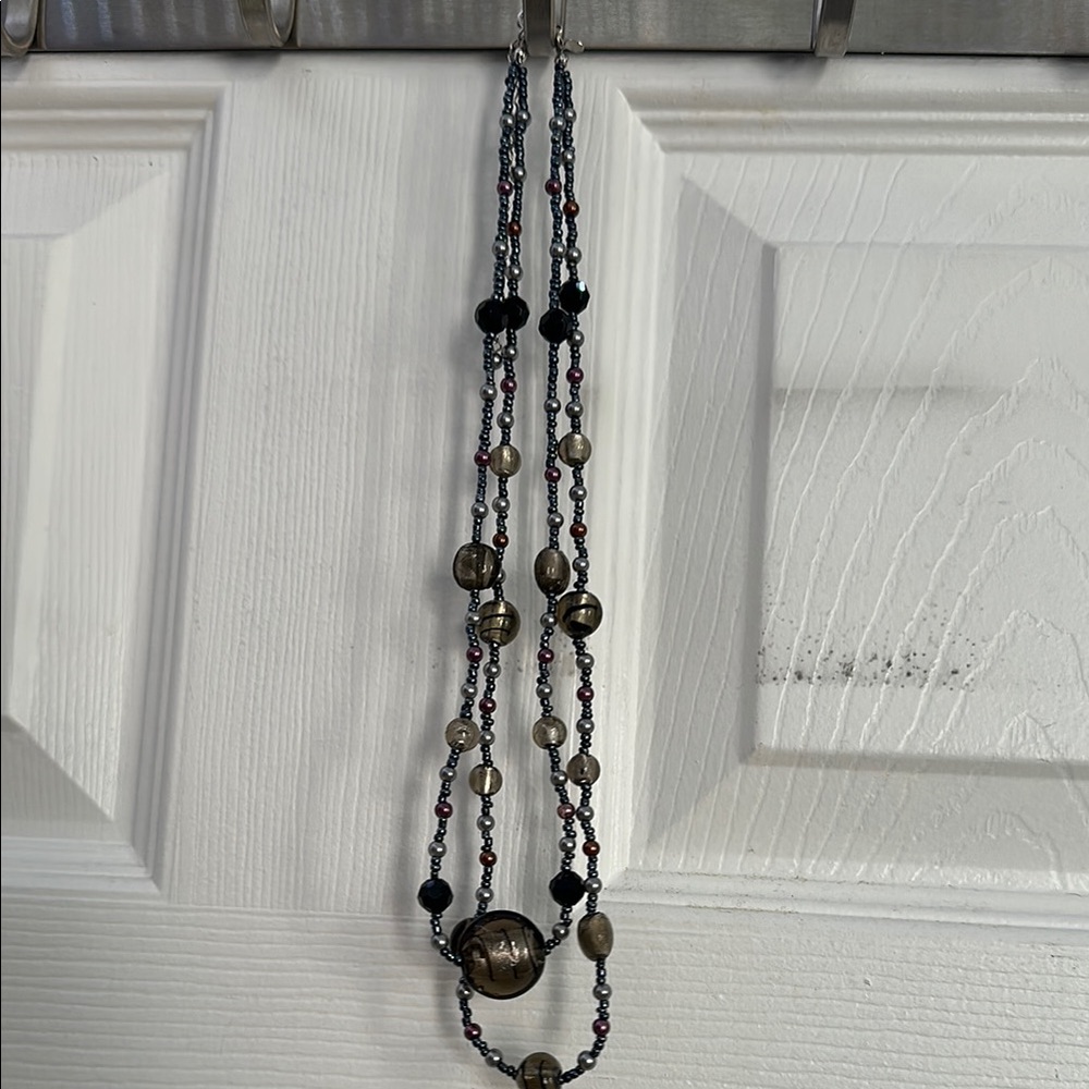 Boho Glass Bead Necklace – Smoky Bronze & Gunmetal Double Strand with Clasp